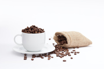 Coffee Cup and Coffee Bag and beans Isolated on White Background with copy space