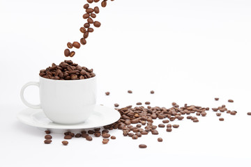 Coffee Cup and beans Isolated on White Background with copy space