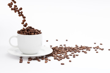 Coffee Cup and beans Isolated on White Background with copy space