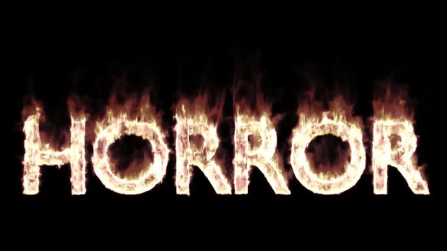 Animated burning or engulf in flames all caps text horror. Fire has transparency and isolated and easy to loop. Black background, mask included.