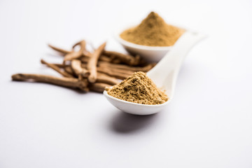 Ashwagandha / Aswaganda OR Indian Ginseng is an Ayurveda medicine in stem and powder form. Isolated on plain background. selective focus