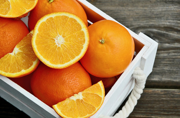 Healthy and benefits of Orange..A lot of oranges in white wooden box on wooden background.
