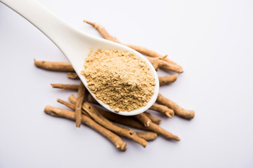 Ashwagandha / Aswaganda OR Indian Ginseng is an Ayurveda medicine in stem and powder form. Isolated on plain background. selective focus
