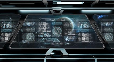 Dark spaceship interior with control panel digital screens 3D rendering