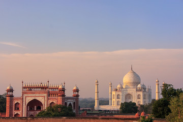 View of Taj Mahal and the Great Gate in Agra, Uttar Pradesh, India