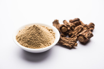 Hemidesmus indicus also known as Ananthamoola or Naruneendi or Nannari in dried steam and powder form. It's a useful Ayurvedic medicine from India