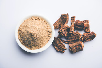 Hemidesmus indicus also known as Ananthamoola or Naruneendi or Nannari in dried steam and powder form. It's a useful Ayurvedic medicine from India