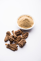 Hemidesmus indicus also known as Ananthamoola or Naruneendi or Nannari in dried steam and powder form. It's a useful Ayurvedic medicine from India