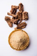 Hemidesmus indicus also known as Ananthamoola or Naruneendi or Nannari in dried steam and powder form. It's a useful Ayurvedic medicine from India