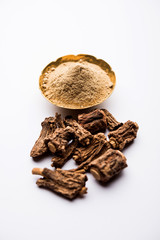 Hemidesmus indicus also known as Ananthamoola or Naruneendi or Nannari in dried steam and powder form. It's a useful Ayurvedic medicine from India