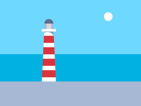 Lighthouse. Sea landscape. Vector Illustration. Design template in trendy style navigational and travel concept