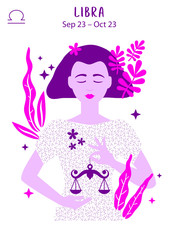 Libra zodiac sign. Girl vector illustration. Astrology zodiac profile. Astrological sign as a beautiful women. Future telling, horoscope, alchemy, spirituality, occultism, fashion