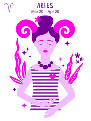 Aries zodiac sign. Girl vector illustration. Astrology zodiac profile. Astrological sign as a beautiful women. Future telling, horoscope, alchemy, spirituality, occultism, fashion