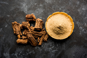 Hemidesmus indicus also known as Ananthamoola or Naruneendi or Nannari in dried steam and powder form. It's a useful Ayurvedic medicine from India