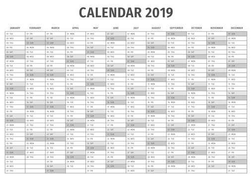Calendar 2019 Annual planner.
