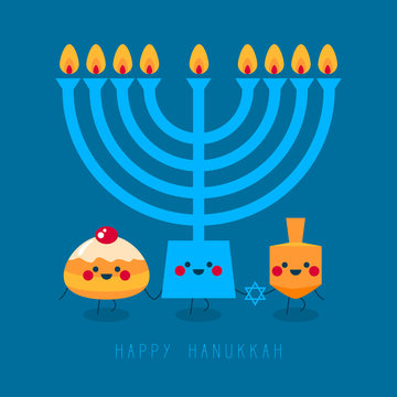 Happy Hanukkah! Greeting card for jewish holiday. Hanukkah donut sufganiyot, wooden dreidel (spinning top),  menorah
