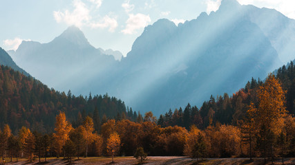 Colorful autumn landscape in the mountain village, Alps mountain in Slovenia - Alpine scenery 