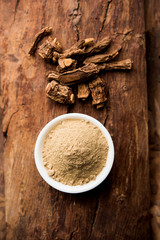 Hemidesmus indicus also known as Ananthamoola or Naruneendi or Nannari in dried steam and powder form. It's a useful Ayurvedic medicine from India