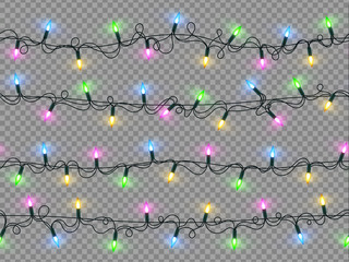 Christmas light festive garland, bright realistic set