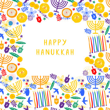 Hanukkah greeting card with flowers, birds, wooden dreidels, donuts, chocolate coins, candles and menorah (traditional Candelabra). Happy Hanukkah, Jewish holiday background