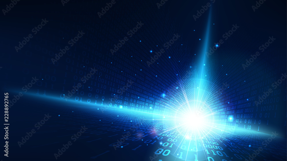 Poster binary code in abstract futuristic cyberspace, matrix shining blue background with digital code, big