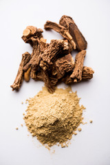 Hemidesmus indicus also known as Ananthamoola or Naruneendi or Nannari in dried steam and powder form. It's a useful Ayurvedic medicine from India