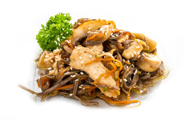 Chicken in teriyaki sauce with buckwheat noodles, mushrooms and carrots. Asian Lunch