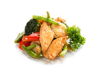 Chicken, fried in WOK with vegetables in soy sauce. Asian Lunch