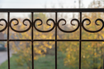 Black metal fence, close up. Beautiful decorative cast iron wrought fence with artistic forging