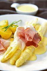 White Asparagus with Black Forest Ham and Hollandaise Sauce. Asparagus European menu.