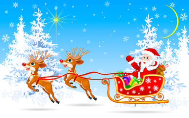 Santa on sleigh with reindeer in winter forest
