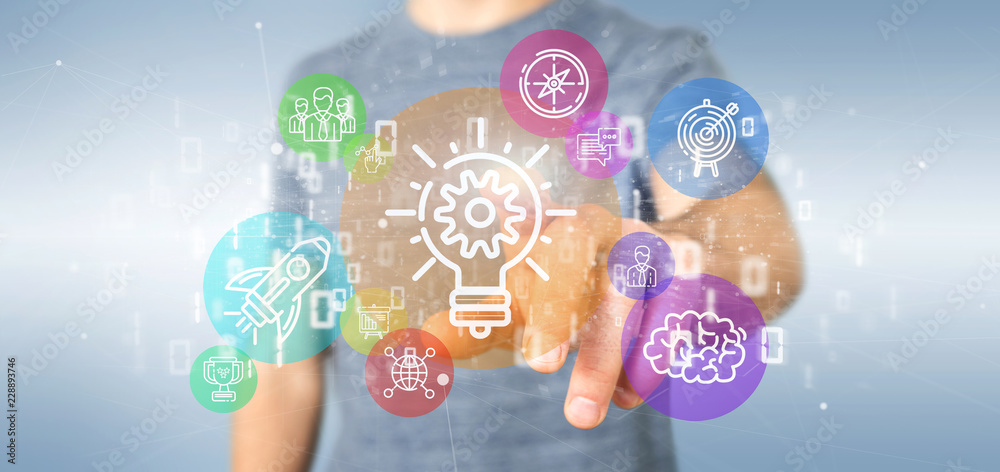 Poster cloud of colorfull start up icon bubble with data businessman holding a binary 3d rendering