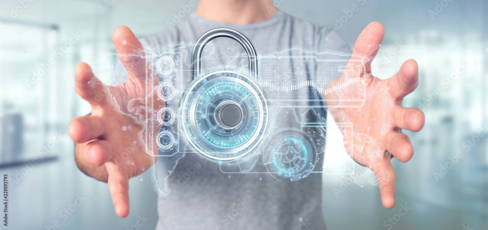 Poster man holding a padlock security technology interface 3d rendering