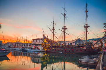 The Neptune Galleon, tourist attraction in the old port of Genoa in a beautiful summer evening,...