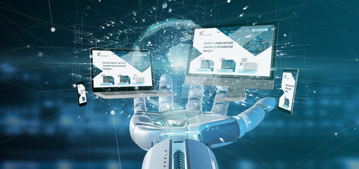 Cyborg hand holding a Devices connected to a global business network 3d rendering