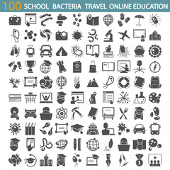 School education. Bacteria and viruses. Travel and vacation. Online education simple icons set