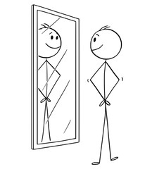 Cartoon stick drawing conceptual illustration of smiling cheerful man looking at himself in the mirror.