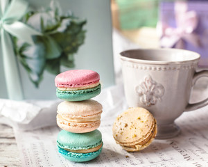 colorful macaroons and cup of coffee