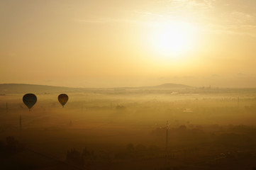 Beautiful view of the island of Mallorca, from a height at sunrise, hot air balloon, Spain