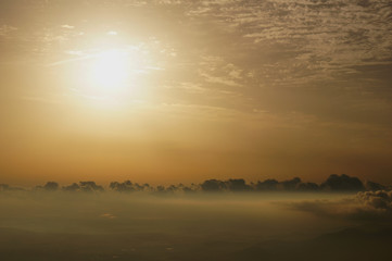 View of the cloudy sky and foggy ground from a height, Mallorca, Spain