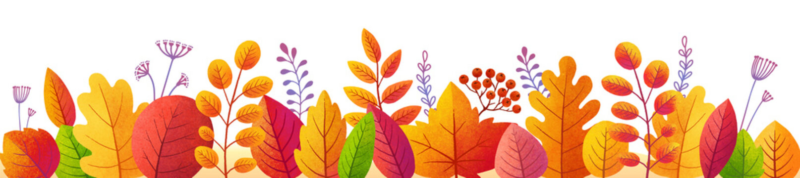 Bright Autumn Leaves In Textured Flat Style, Vector Colorful Fall Foliage Border