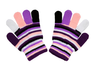 Warm woolen knitted gloves isolated on white. Mittens with color strips.