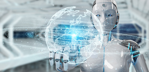 White humanoid woman using globe network hologram with Europe map 3D rendering