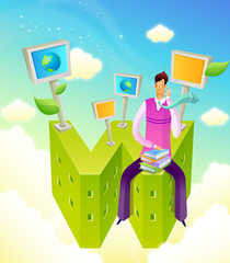 Businessman with books sitting on a W