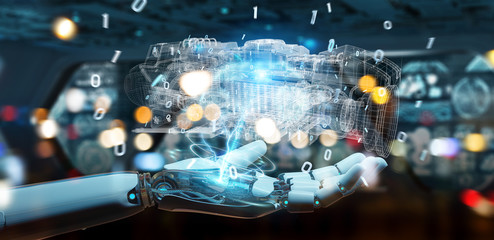 Cyborg using wireframe holographic 3D digital projection of an engine