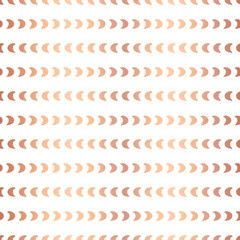 Rose Gold foil half moon shapes seamless vector pattern. Copper crescents in horizontal lines on white background. For digital papers, web banner, wedding, party invite, birthday celebration, New Year