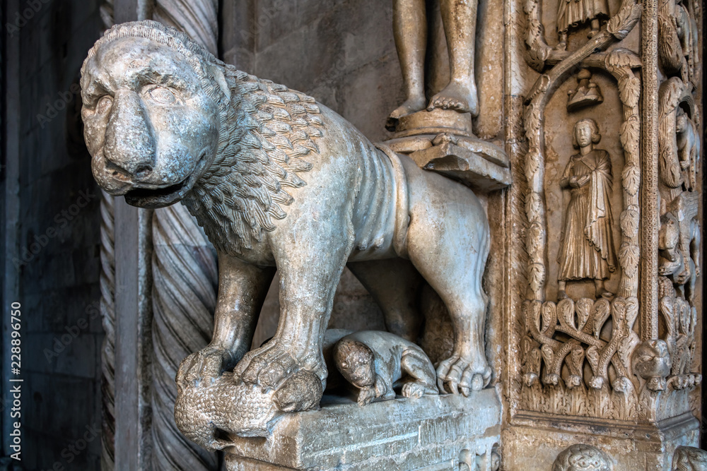 Poster 13th century portal of the St. Lawrence cathedral in Trogir, Croatia, carved by the local architect and sculptor Master Radovan, one of the most monumental pieces of the Dalmatian medieval art.