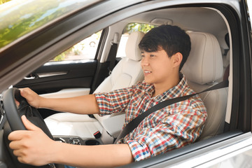 Male driver with fastened safety belt in car © New Africa