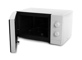 Open modern microwave oven on white background. Kitchen appliance