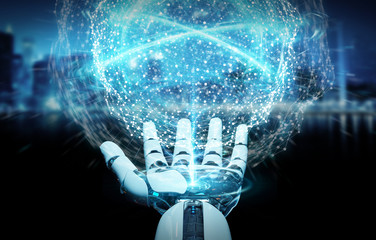 White humanoid hand using digital global network 3D rendering